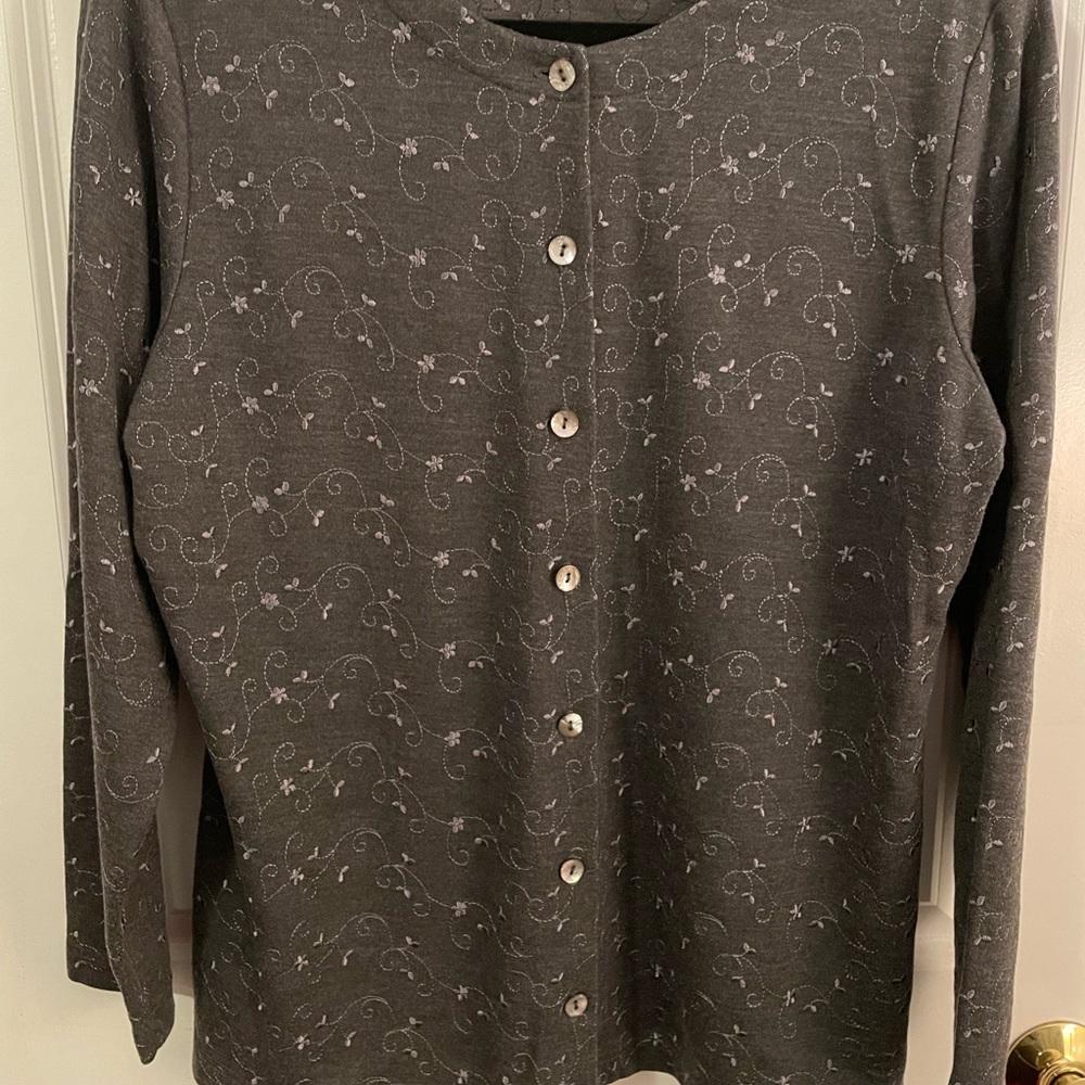 Talbots Gray Embroidered Floral Pattern Cardigan